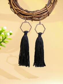 Geometric & Tassel Drop Earrings - Black - View 3