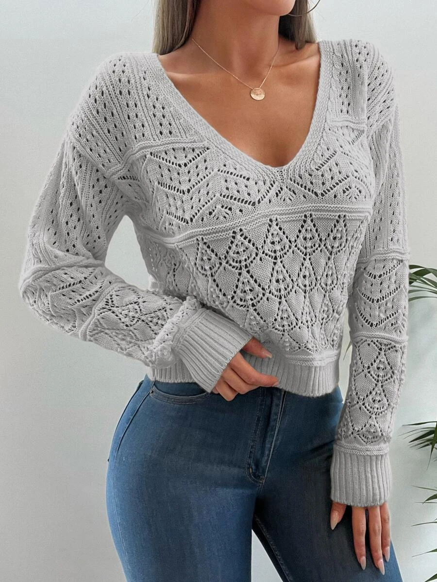 EURMUSE Pointelle Knit Drop Shoulder Jumper - Light Grey - View 1