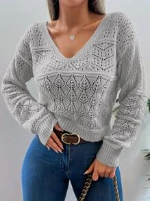 EURMUSE Pointelle Knit Drop Shoulder Jumper - Light Grey - View 3