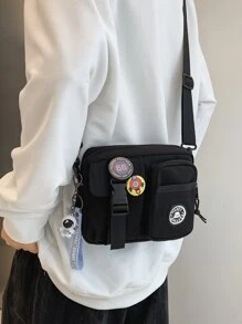 Random Badge Decor Square Bag With Bag Charm - Black - View 1