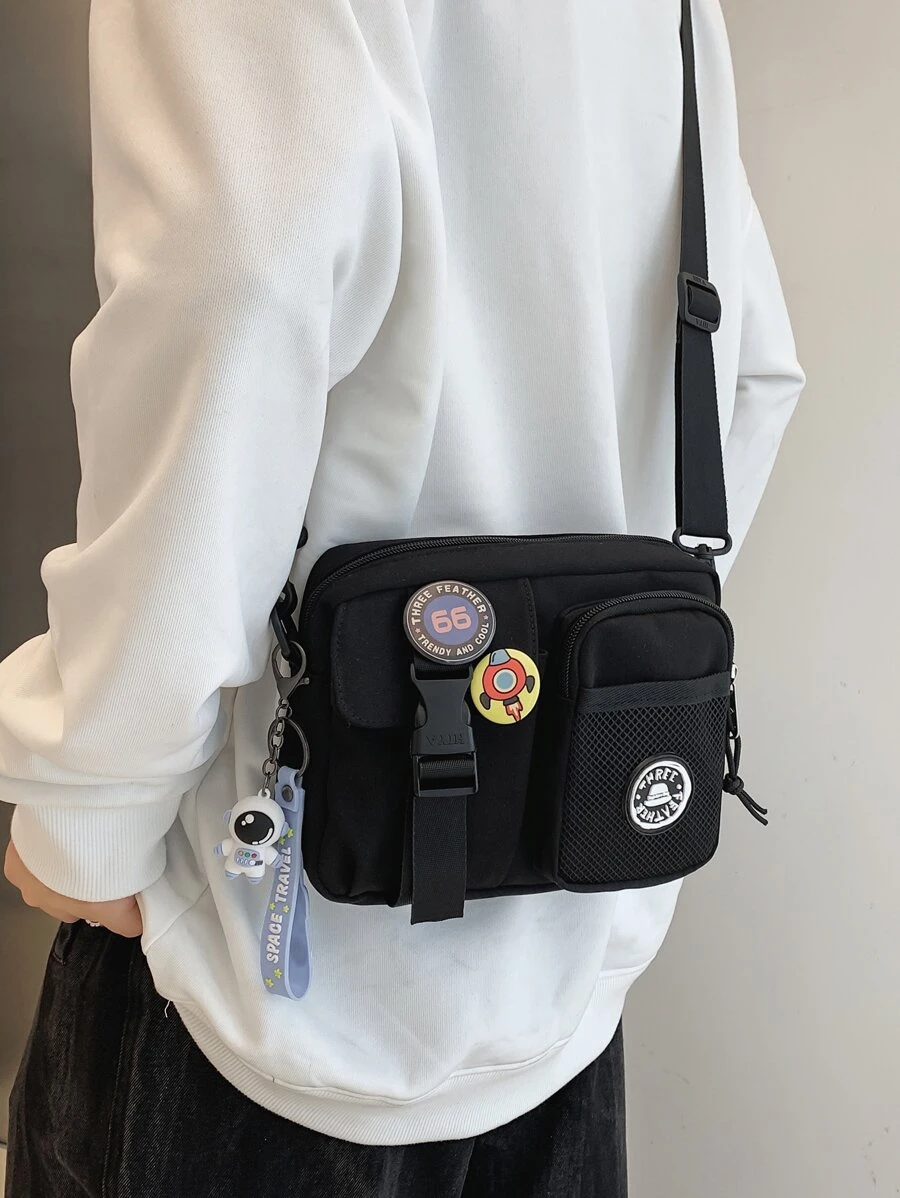 Random Badge Decor Square Bag With Bag Charm - Black - View 1