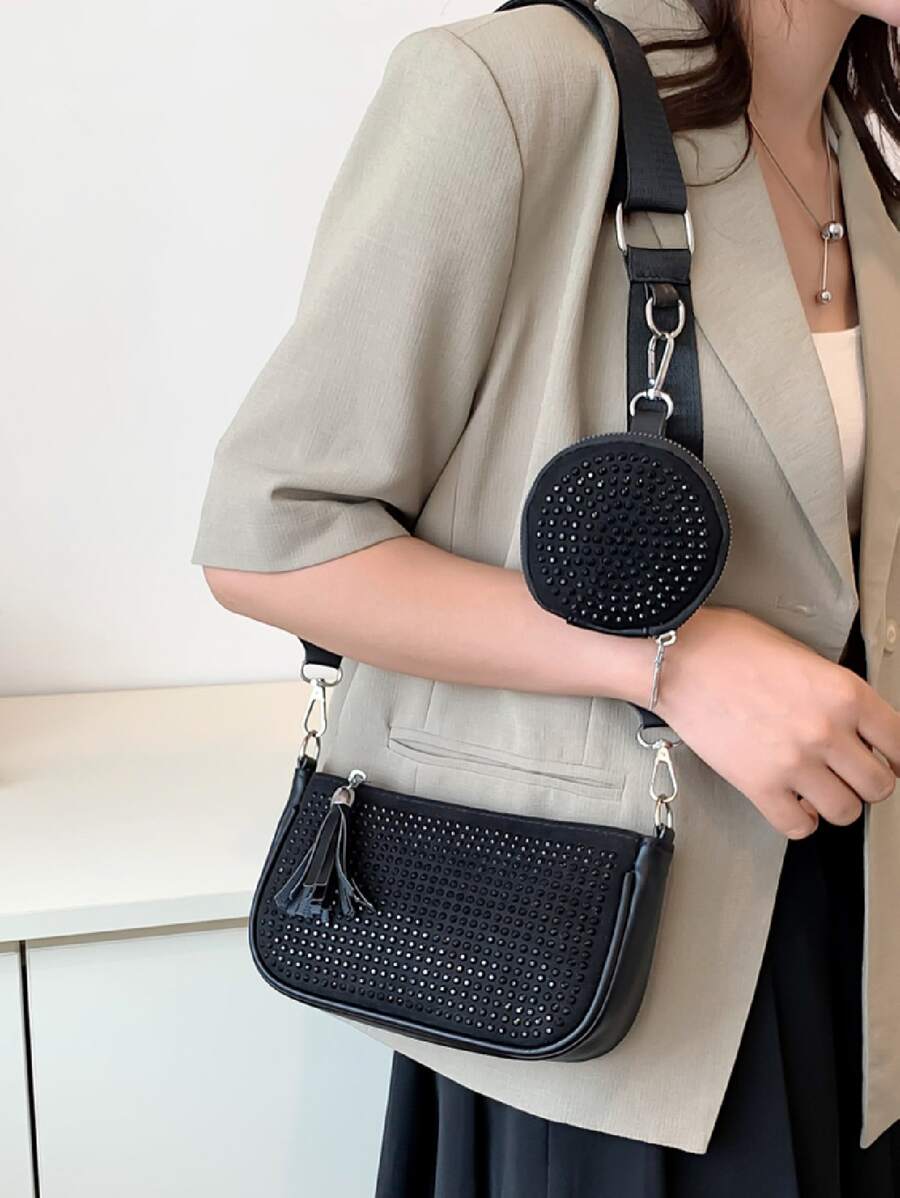 Bolsa cuadrada mini con diseño de tachuela con monedero - Negro - Ver 1