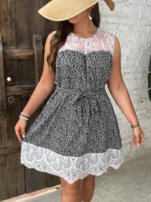 SHEIN LUNE 大碼碎花蕾絲拼接繫腰帶連衣裙 - 黑與白 - 查看 5