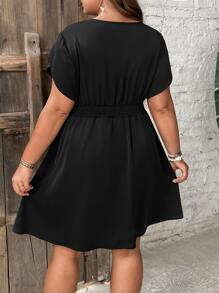 SHEIN LUNE 大碼素色蝙蝠袖連衣裙 - 黑色 - 查看 2