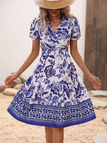 SHEIN Holidaya Floral Print Puff Sleeve Dress - Blue - View 5