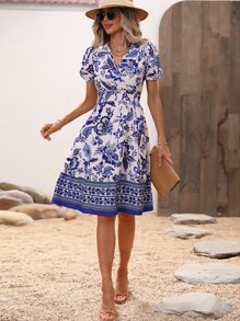 SHEIN Holidaya Floral Print Puff Sleeve Dress - Blue - View 6