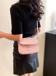 迷你幾何浮雕金屬鎖翻蓋馬鞍包 - 粉色 - 查看 2