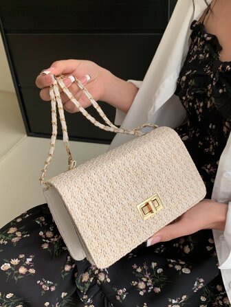 迷你扭鎖翻蓋鏈條草編包