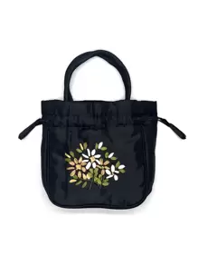 迷你优雅花卉刺绣抽绳设计水桶包，送给妈妈的母亲节礼物，时尚抽绳手提包，完美的日常手机零钱手提包，双手柄钱包（黑色） - 黑色 - 查看 6