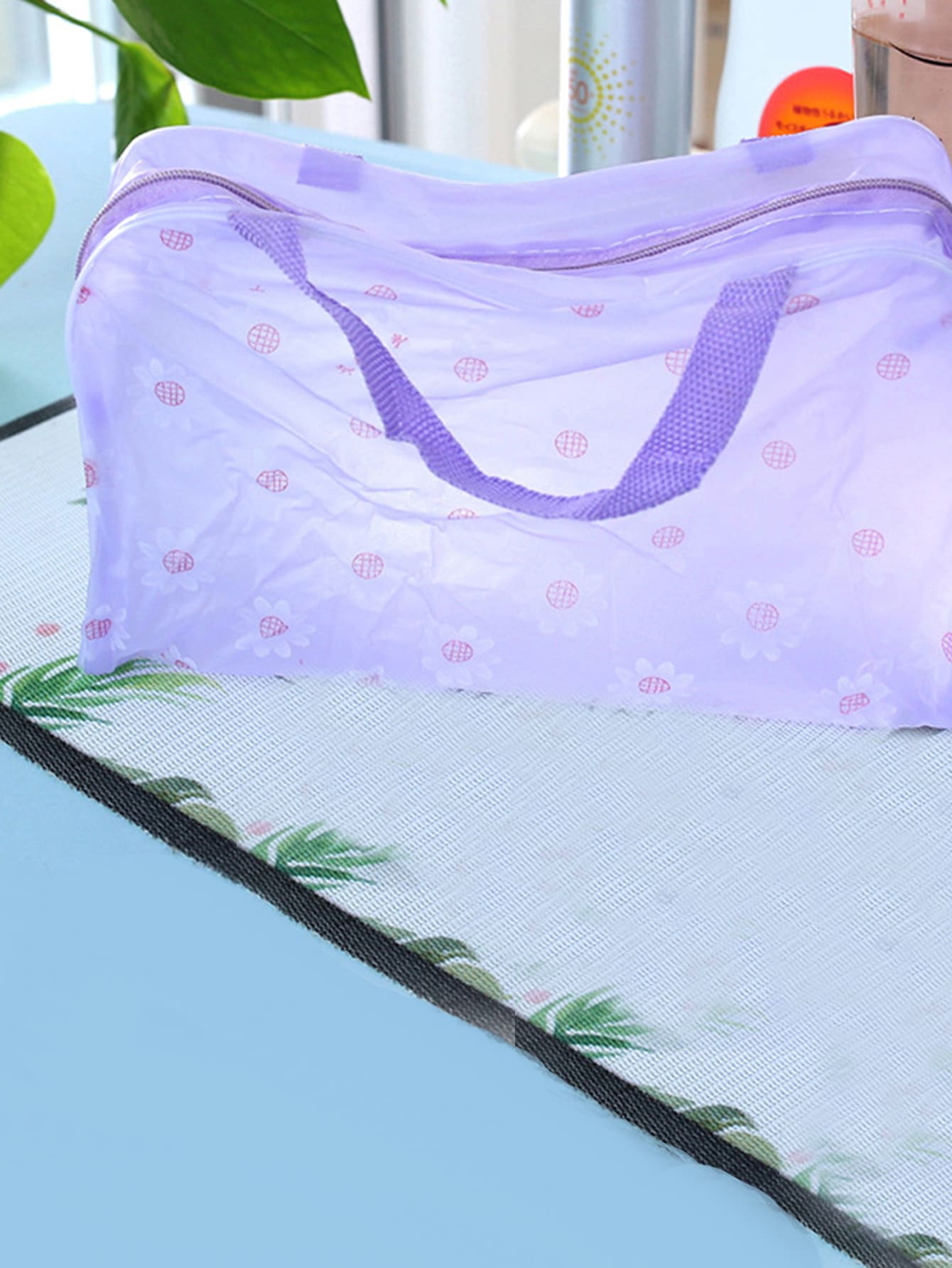 1pc Waterproof PVC Toiletry Travel Bag, Modern Floral Pattern Storage Bag For Home - Purple - View 1