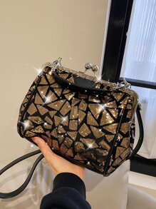 迷人閃光，亮片，奢華，閃亮撞色亮片和水鑽裝飾方形包晚宴包，晚宴包，適合派對女孩、女士、新娘，非常適合派對、婚禮、舞會、晚餐/宴會、雞尾酒 - 金色 - 查看 1