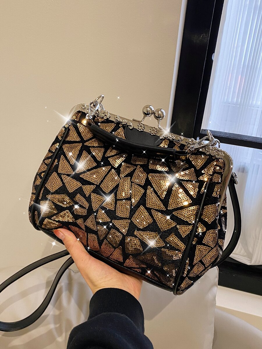 迷人閃光，亮片，奢華，閃亮撞色亮片和水鑽裝飾方形包晚宴包，晚宴包，適合派對女孩、女士、新娘，非常適合派對、婚禮、舞會、晚餐/宴會、雞尾酒 - 金色 - 查看 1