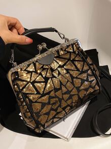 迷人閃光，亮片，奢華，閃亮撞色亮片和水鑽裝飾方形包晚宴包，晚宴包，適合派對女孩、女士、新娘，非常適合派對、婚禮、舞會、晚餐/宴會、雞尾酒 - 金色 - 查看 3