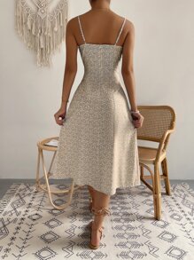 Breezaya Allover Floral Print Ruched Bust Slit Hem Cami Dress Maxi Vacation Beach Outfits Women - Brown - View 2