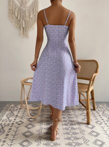 Breezaya 滿版印花胸部褶皺下擺開叉吊帶連衣裙 - 淡紫色 - 查看 2