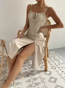 Breezaya Allover Floral Print Ruched Bust Slit Hem Cami Dress Maxi Vacation Beach Outfits Women - Brown - View 3