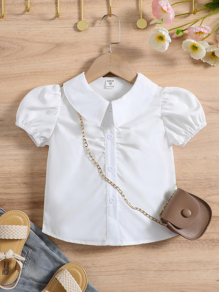 SHEIN 女孩夏季白色素色可愛簡約時尚彼得潘領公主袖襯衫 - 白色 - 查看 1