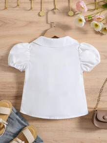 SHEIN 女孩夏季白色素色可愛簡約時尚彼得潘領公主袖襯衫 - 白色 - 查看 2