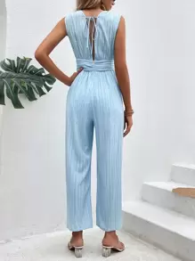 Breezaya Plunge Neck Tie Back Wide Leg Jumpsuit - Baby Blue - View 2