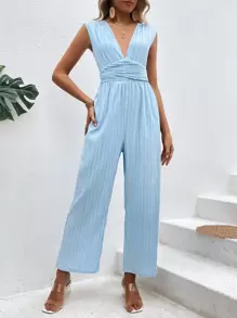 Breezaya Plunge Neck Tie Back Wide Leg Jumpsuit - Baby Blue - View 3