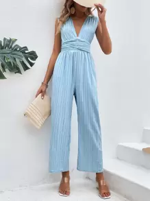 Breezaya Plunge Neck Tie Back Wide Leg Jumpsuit - Baby Blue - View 6
