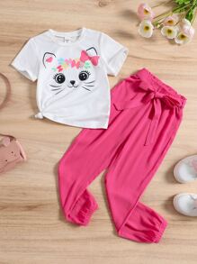 SHEIN Toddler Girls Cartoon Graphic Tee & Trousers - Multicolor - View 1
