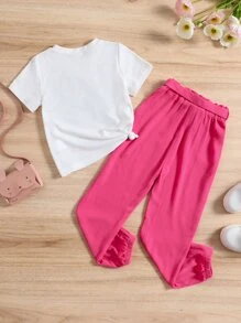 SHEIN Toddler Girls Cartoon Graphic Tee & Trousers - Multicolor - View 2