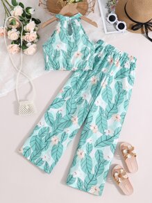 SHEIN 女孩熱帶圖案掛脖上衣和闊腿褲 - 薄荷綠 - 查看 2
