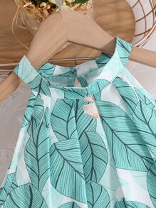 SHEIN 女孩熱帶圖案掛脖上衣和闊腿褲 - 薄荷綠 - 查看 3