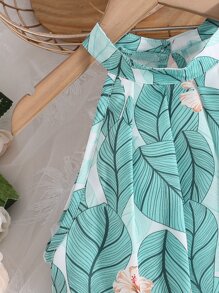 SHEIN 女孩熱帶圖案掛脖上衣和闊腿褲 - 薄荷綠 - 查看 4