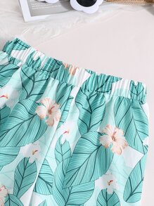 SHEIN 女孩熱帶圖案掛脖上衣和闊腿褲 - 薄荷綠 - 查看 5