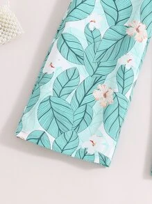 SHEIN 女孩熱帶圖案掛脖上衣和闊腿褲 - 薄荷綠 - 查看 6