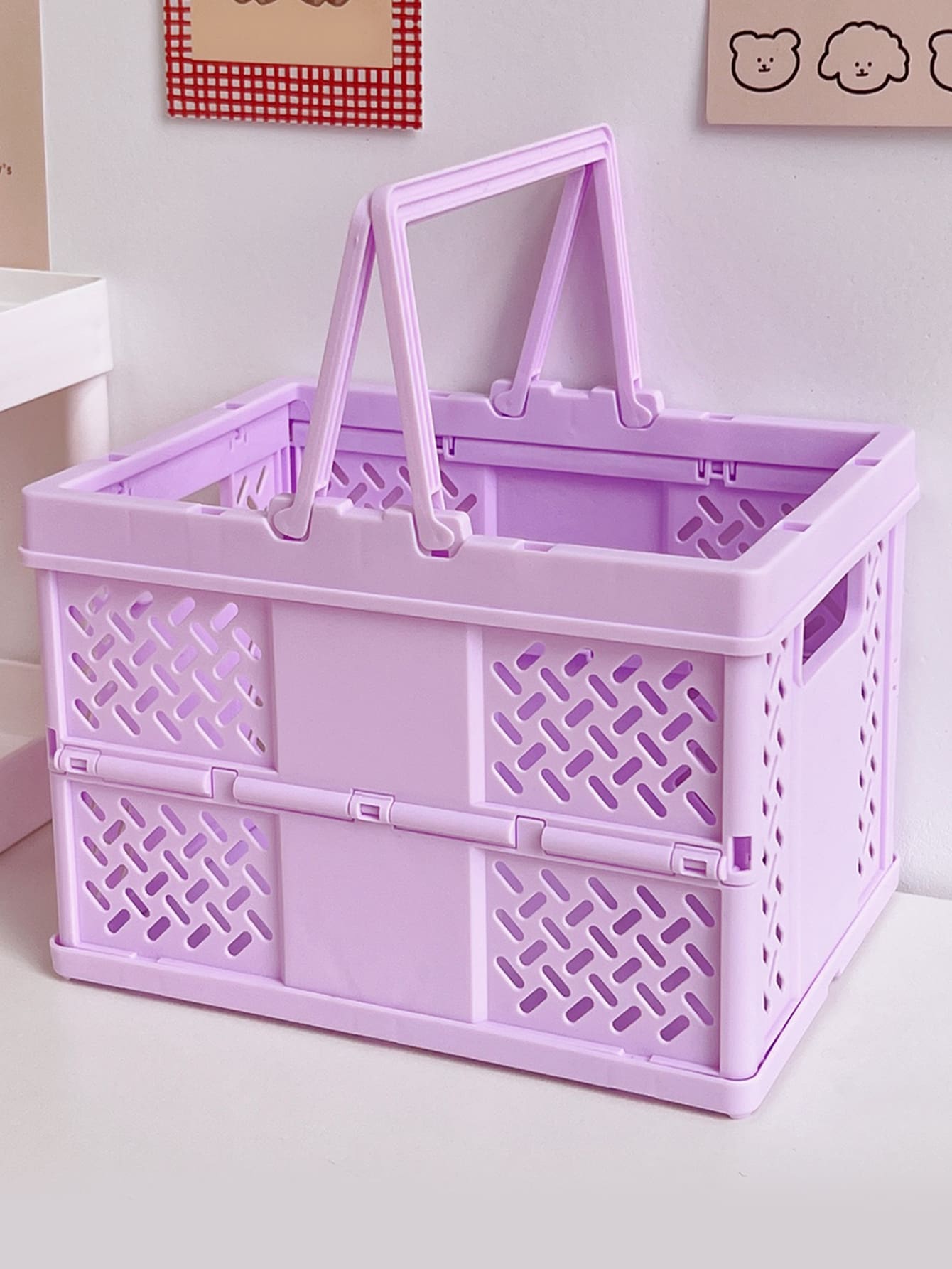 1pc Foldable Plastic Storage Basket, Minimalist Purple Storage Basket For Home - Purple - View 1