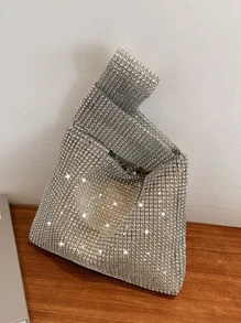 迷你水鑽裝飾金屬亮絲方包 - 銀色 - 查看 7