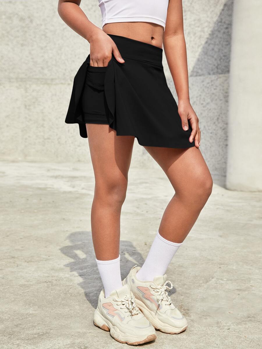 SHEIN Leap Crew Tween Girl Solid Color Sports Anti-Light Skirt, Solid Color Detail Skirt With Pocket - Black - View 1