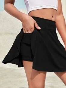 SHEIN Leap Crew Tween Girl Solid Color Sports Anti-Light Skirt, Solid Color Detail Skirt With Pocket - Black - View 4