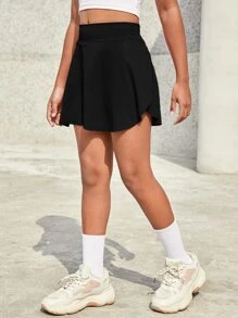 SHEIN Leap Crew Tween Girl Solid Color Sports Anti-Light Skirt, Solid Color Detail Skirt With Pocket - Black - View 5