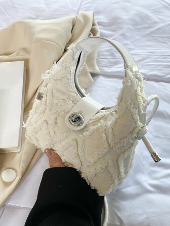 Sac hobo miniature en denim avec fermoir tournant et bord brut, sac fourre-tout à la mode avec verrou tournant, sac bandoulière hobo simple, sac à main jean vintage pour femmes