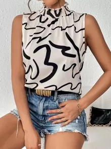 SHEIN Privé Allover Print Mock Neck Sleeveless Blouse - Black and White - View 1