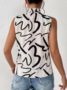 SHEIN Privé Allover Print Mock Neck Sleeveless Blouse - Black and White - View 2