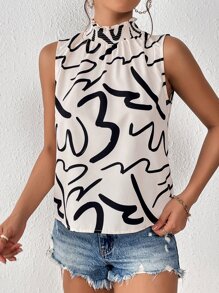 SHEIN Privé Allover Print Mock Neck Sleeveless Blouse - Black and White - View 4