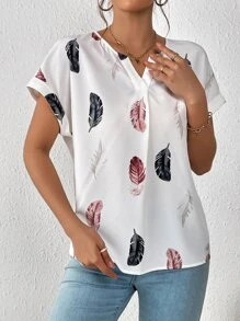 SHEIN LUNE Feather Print Notched Neck Batwing Sleeve Blouse - Multicolor - View 2