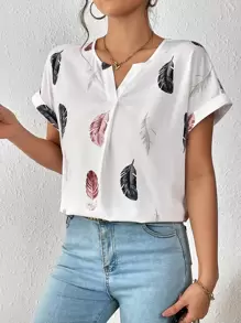 SHEIN LUNE Feather Print Notched Neck Batwing Sleeve Blouse - Multicolor - View 1