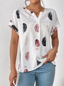SHEIN LUNE Feather Print Notched Neck Batwing Sleeve Blouse - Multicolor - View 6