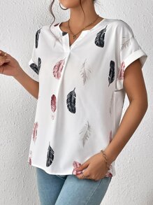 SHEIN LUNE Feather Print Notched Neck Batwing Sleeve Blouse - Multicolor - View 5