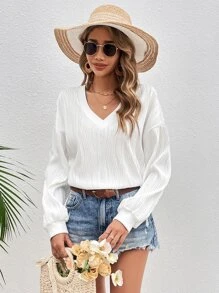 SHEIN Frenchy 素色落肩袖運動衫 - 白色 - 查看 6