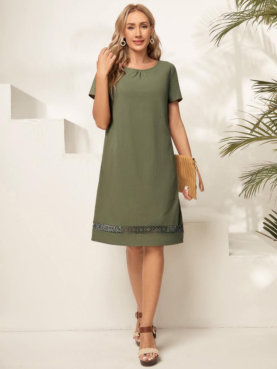 EMERY ROSE 素色蕾絲花邊拼接細節直筒洋裝 - 軍綠色 - 查看 1