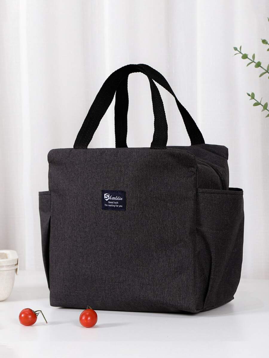 1pc Black Insulated Lunch Bag, Modern Polyester Lunch Bag For School, Office - Black - View 1