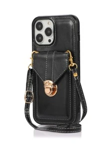 Compatible With Iphone 16 1pc Fashionable Detachable Cross Body Strap Card Holder Phone Case, Compatible With IPhone 15 Pro Max And Compatible With Galaxy S24 Ultra 5G - Black - View 1