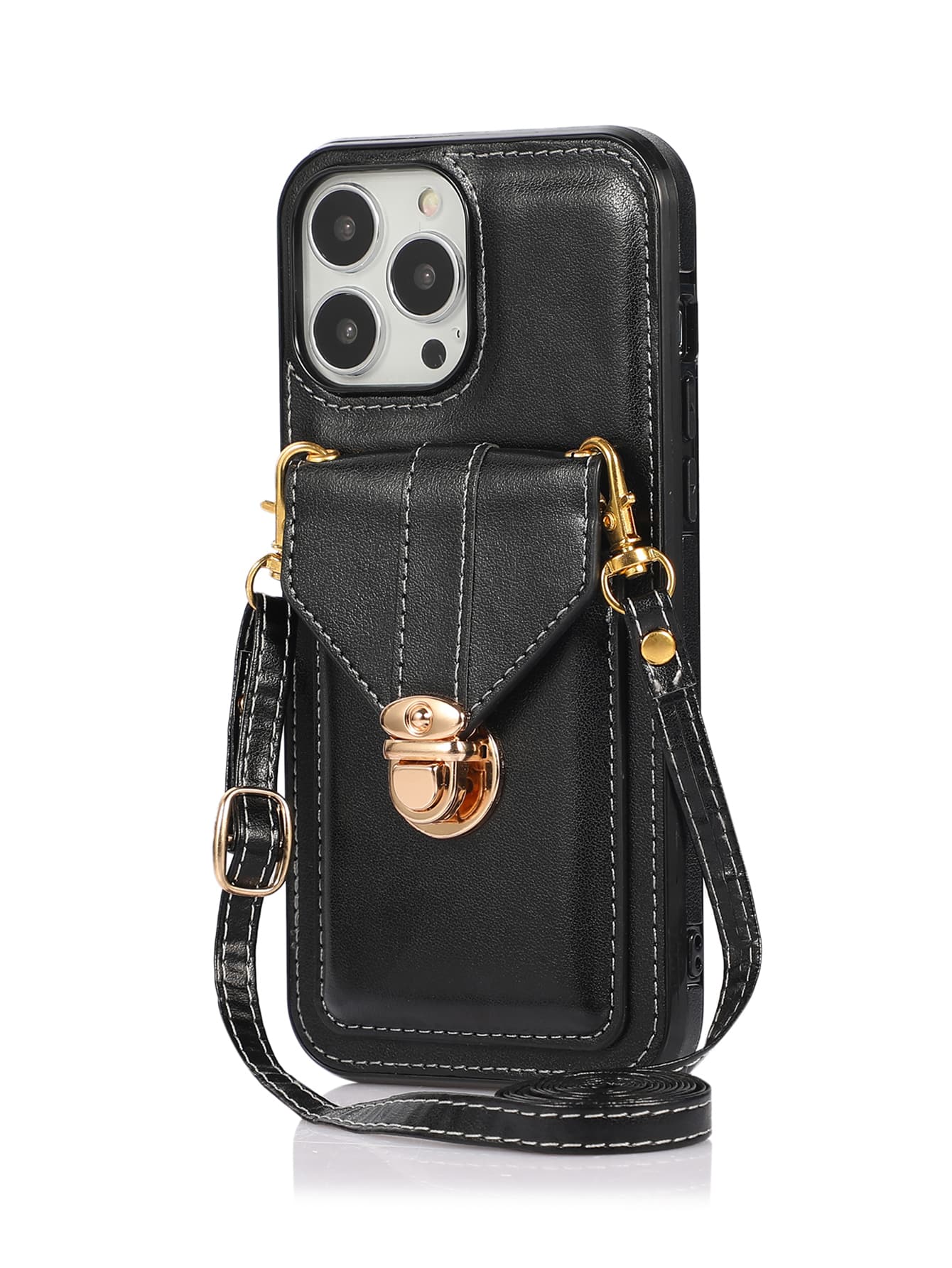 Compatible With Iphone 16 1pc Fashionable Detachable Cross Body Strap Card Holder Phone Case, Compatible With IPhone 15 Pro Max And Compatible With Galaxy S24 Ultra 5G - Black - View 1